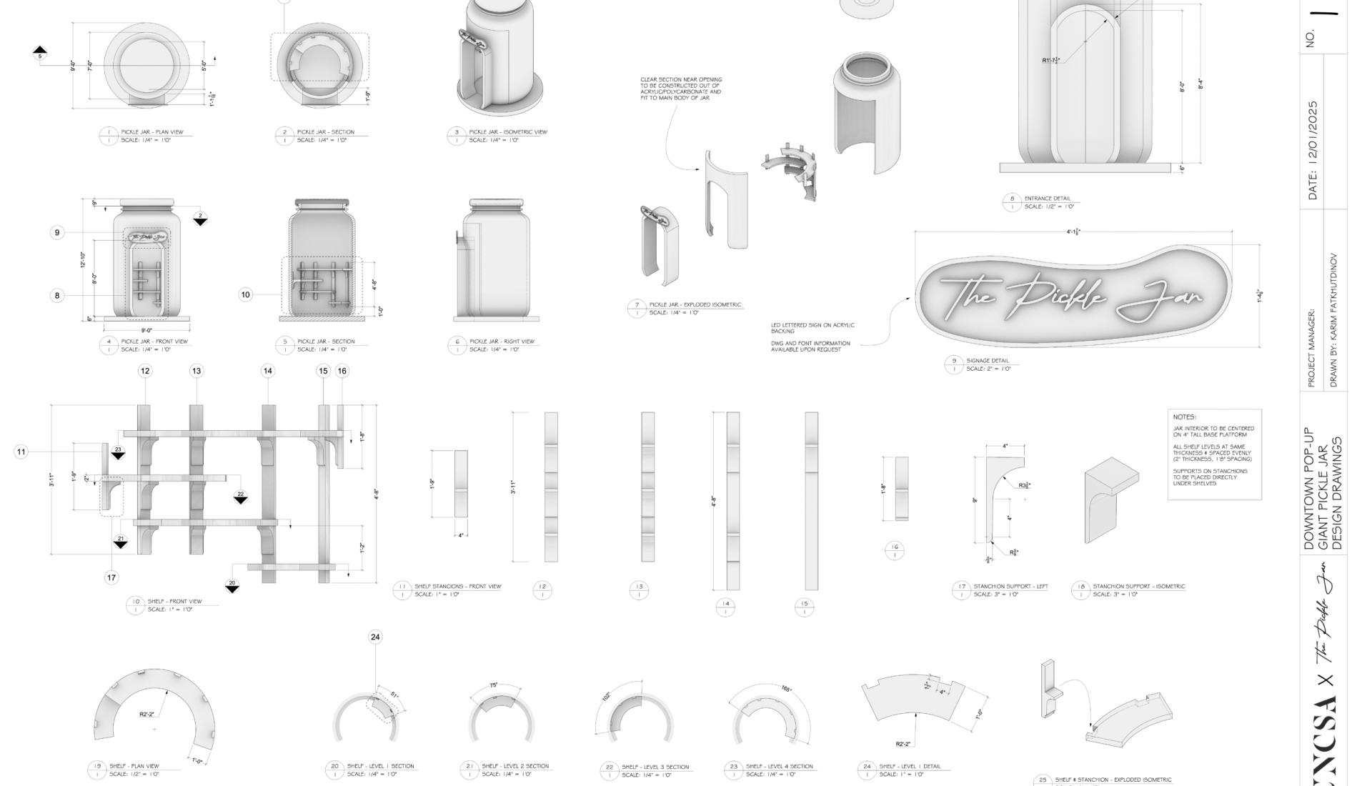 Design drawings of the pickle jar and its interior parts.